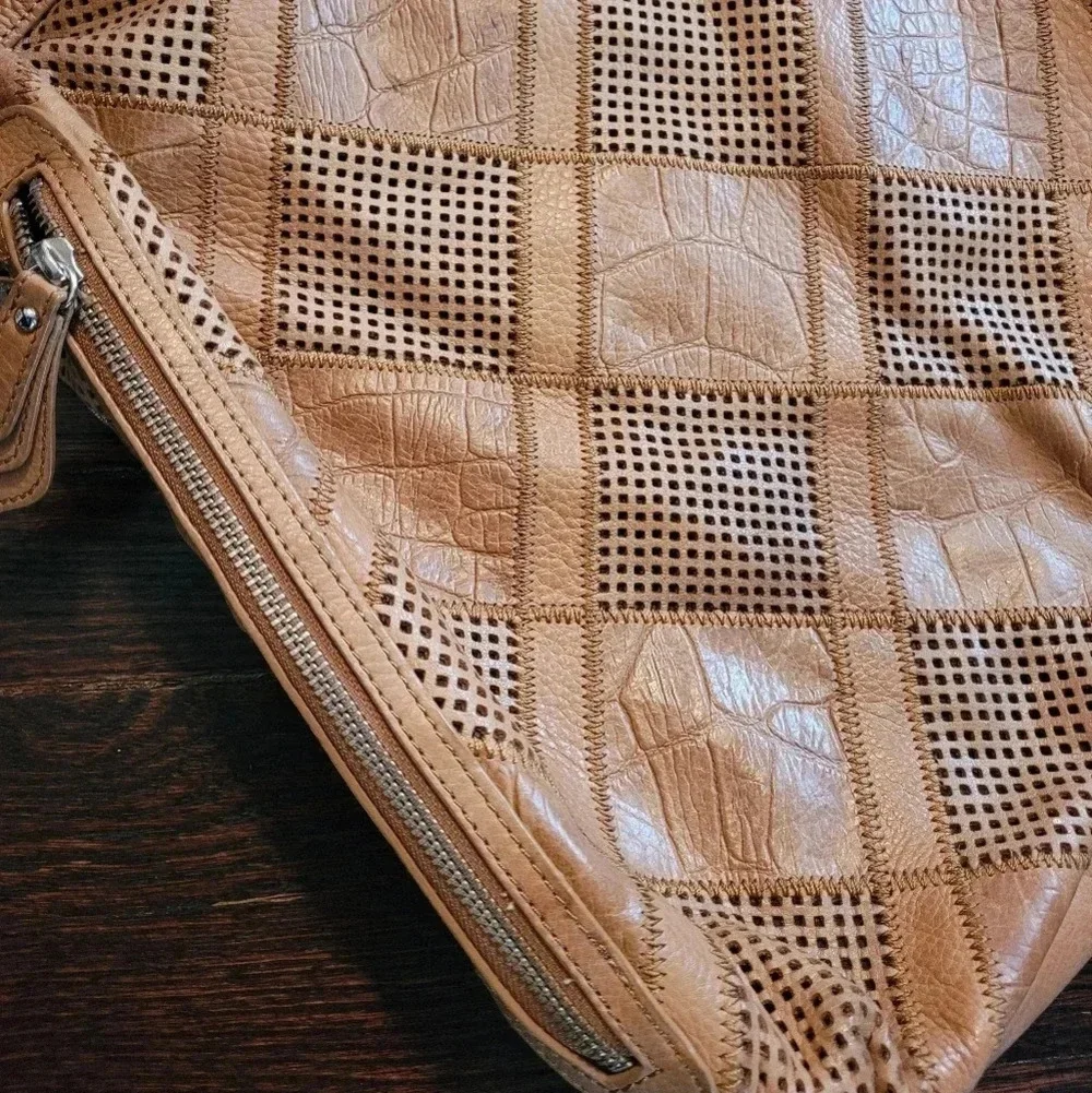 B. MARKOWSKY XL BOHO leather pebbled perforated Patchwork shoulder bag purse TAN